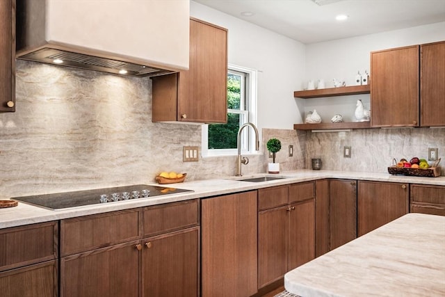 1 Archer St, Swampscott, MA 01907 - kitchen with premium range hood, black electric cooktop, light countertops, backsplash, and open shelves