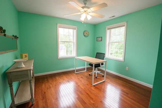 9 Gideon Ln, Shirley, MA 01464 - office space with healthy amount of natural light, hardwood / wood-style flooring, a ceiling fan, and baseboards