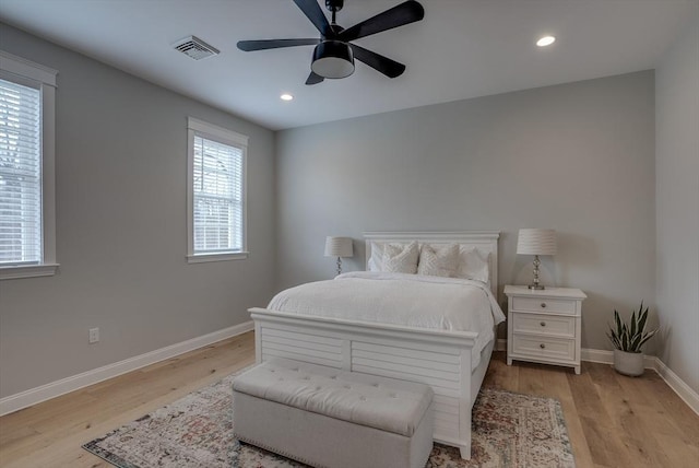 41 Pleasant St, Holliston, MA 01746 - bedroom featuring multiple windows, baseboards, light wood-style flooring, recessed lighting, and a ceiling fan