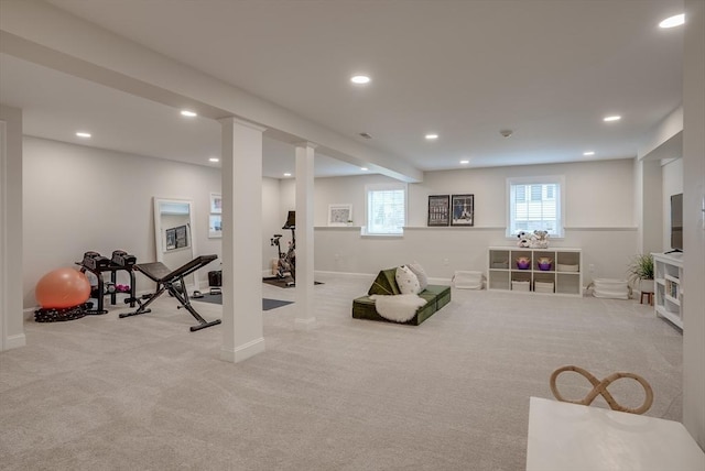 41 Pleasant St, Holliston, MA 01746 - exercise area featuring carpet, baseboards, recessed lighting, and ornate columns