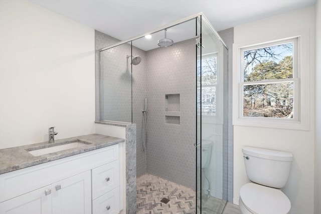 bathroom featuring vanity, an enclosed shower, and toilet