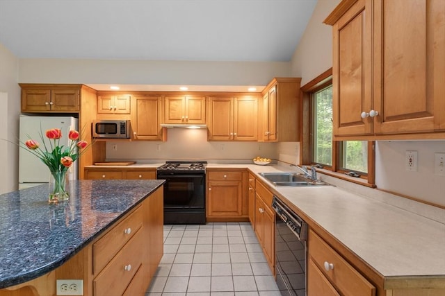 9 Flagg Rd, Acton, MA 01720 - kitchen featuring black appliances, a sink, light tile patterned floors, and under cabinet range hood