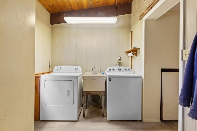 9 Flagg Rd, Acton, MA 01720 - clothes washing area featuring washer and clothes dryer and wooden ceiling