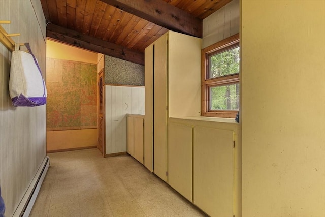 9 Flagg Rd, Acton, MA 01720 - hall with a baseboard radiator, light flooring, wood ceiling, beamed ceiling, and a wainscoted wall