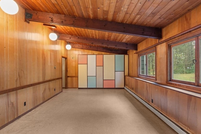 9 Flagg Rd, Acton, MA 01720 - empty room featuring a baseboard heating unit, wooden walls, beam ceiling, tile patterned floors, and wooden ceiling