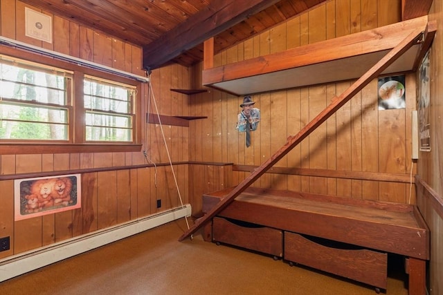9 Flagg Rd, Acton, MA 01720 - unfurnished bedroom featuring baseboard heating, wood walls, wood ceiling, carpet flooring, and beam ceiling