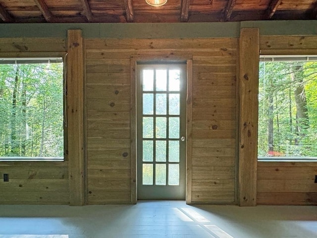 14 Wood Way, Northfield, MA 01360 - entryway with wooden walls, beam ceiling, and wood ceiling