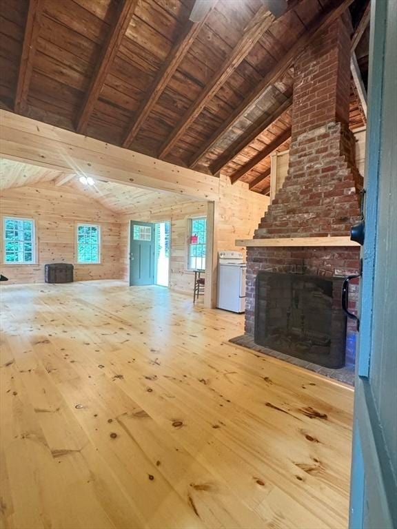 14 Wood Way, Northfield, MA 01360 - unfurnished living room with wooden ceiling, hardwood / wood-style floors, a fireplace, and wood walls