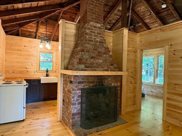 14 Wood Way, Northfield, MA 01360 - unfurnished living room with wooden ceiling, wood walls, light wood finished floors, a sink, and a fireplace