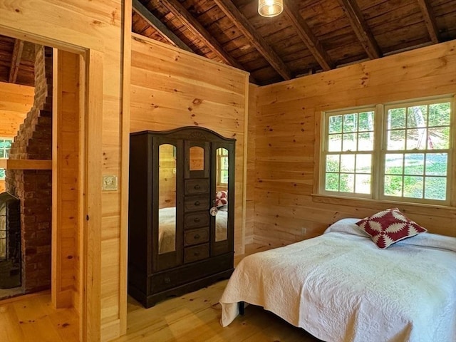 14 Wood Way, Northfield, MA 01360 - bedroom featuring wooden ceiling, wooden walls, and light wood-style floors