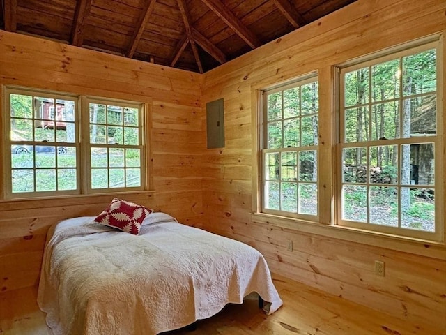 14 Wood Way, Northfield, MA 01360 - bedroom featuring wooden ceiling, wooden walls, multiple windows, and wood finished floors