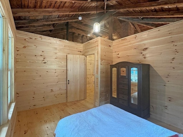 14 Wood Way, Northfield, MA 01360 - bedroom featuring wood ceiling, wood walls, hardwood / wood-style flooring, beamed ceiling, and high vaulted ceiling