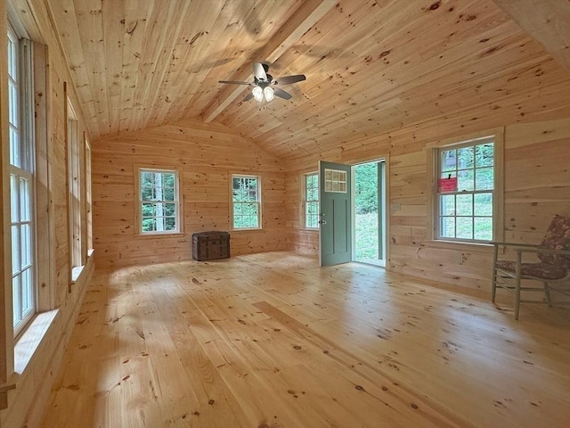 14 Wood Way, Northfield, MA 01360 - unfurnished living room with wooden walls, wood ceiling, hardwood / wood-style floors, ceiling fan, and vaulted ceiling