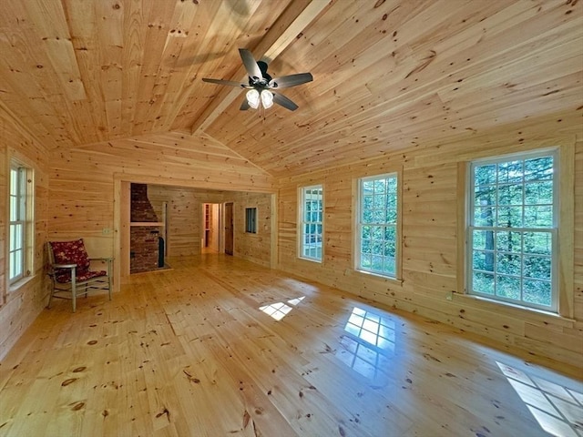 14 Wood Way, Northfield, MA 01360 - spare room featuring wood walls, wooden ceiling, light wood-type flooring, a fireplace, and a ceiling fan