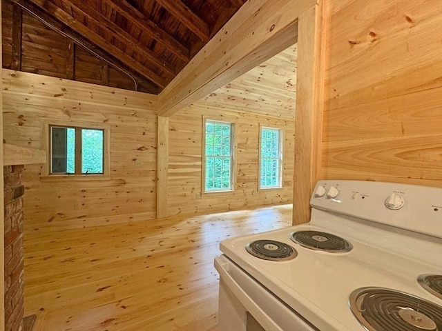 14 Wood Way, Northfield, MA 01360 - kitchen featuring white electric range, wooden walls, plenty of natural light, hardwood / wood-style flooring, and wood ceiling