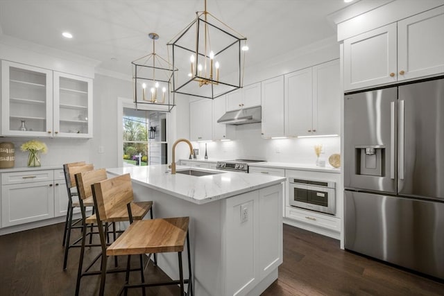 kitchen with ornamental molding, under cabinet range hood, a sink, appliances with stainless steel finishes, and backsplash