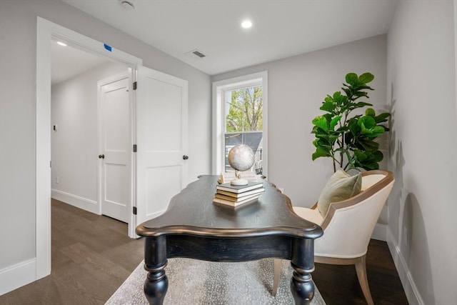 home office with baseboards, recessed lighting, wood finished floors, and visible vents