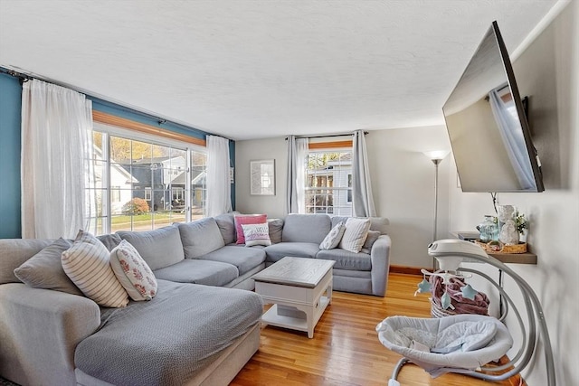 living room with wood finished floors, a healthy amount of sunlight, and a textured ceiling