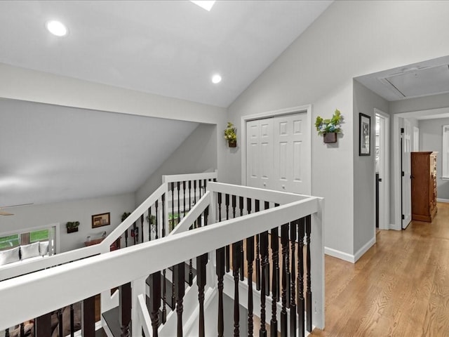 235 Stone School Rd, Sutton, MA 01590 - hall featuring attic access, an upstairs landing, vaulted ceiling, light wood-style flooring, and recessed lighting