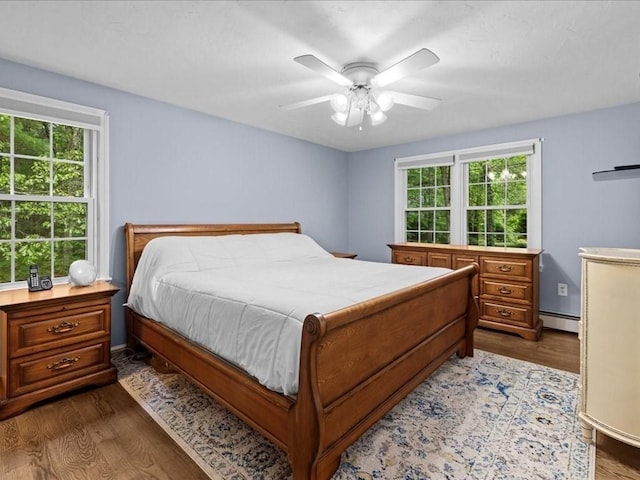 235 Stone School Rd, Sutton, MA 01590 - bedroom with a baseboard radiator, dark wood-type flooring, and a ceiling fan