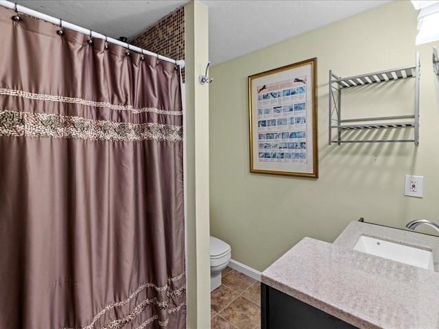 235 Stone School Rd, Sutton, MA 01590 - full bath with vanity, toilet, tile patterned flooring, curtained shower, and baseboards