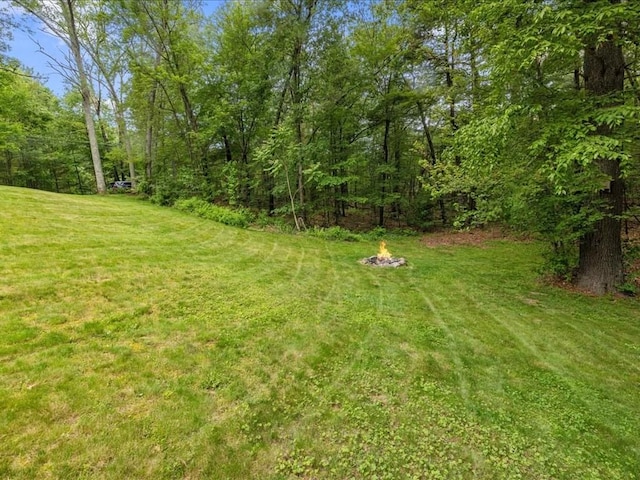 235 Stone School Rd, Sutton, MA 01590 - view of grassy yard featuring an outdoor fire pit and a wooded view
