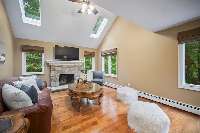 24 Fairhaven Cir, Sudbury, MA 01776 - living area with a skylight, a baseboard radiator, high vaulted ceiling, wood finished floors, and a ceiling fan