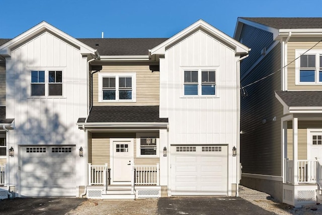 19 Vine Unit 4, Weymouth, MA 02188 - modern farmhouse with a garage, asphalt driveway, and board and batten siding