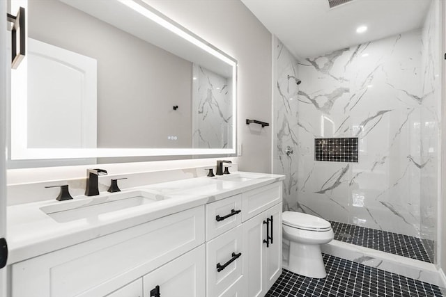 19 Vine Unit 4, Weymouth, MA 02188 - bathroom with toilet, double vanity, a marble finish shower, and recessed lighting