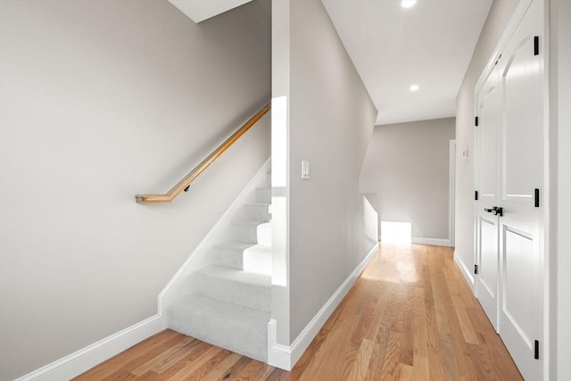 19 Vine Unit 4, Weymouth, MA 02188 - stairs with wood finished floors, baseboards, and recessed lighting