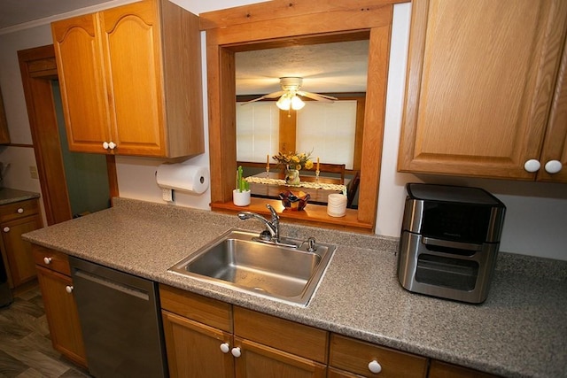kitchen with dishwashing machine, a sink, and ceiling fan