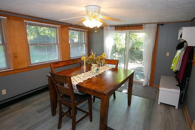 dining space with wood finished floors, ceiling fan, and a decorative wall
