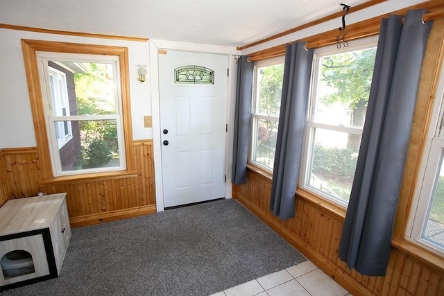 foyer entrance with wood walls, plenty of natural light, a wainscoted wall, light tile patterned floors, and baseboards
