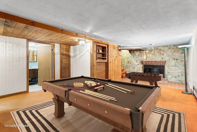 18 Fairview Rd, Westborough, MA 01581 - playroom with light carpet, pool table, a fireplace, and a textured ceiling