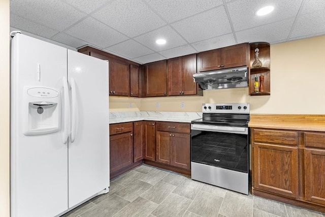 18 Fairview Rd, Westborough, MA 01581 - kitchen featuring white fridge with ice dispenser, stainless steel electric range, extractor fan, light countertops, and recessed lighting