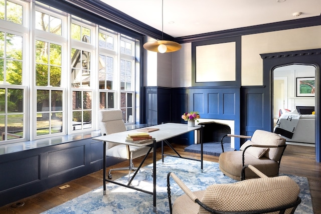 office featuring ornamental molding, dark wood-type flooring, and plenty of natural light