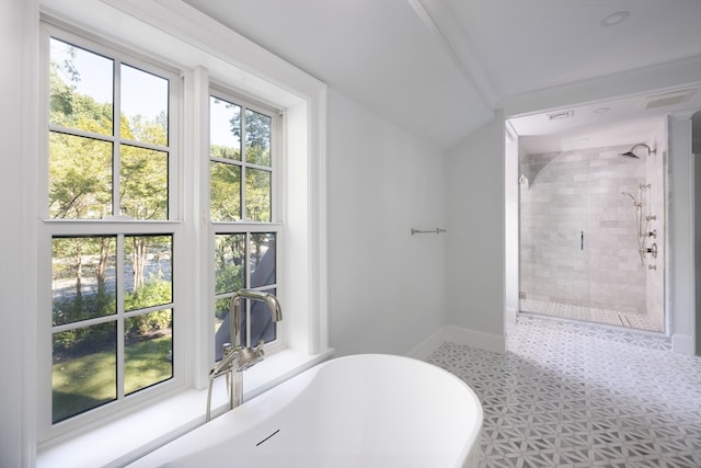 bathroom with vaulted ceiling, shower with separate bathtub, sink, and ornamental molding