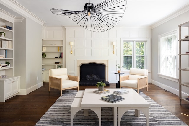 living room featuring crown molding and dark wood-type flooring