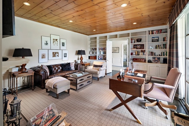 living room featuring wooden ceiling, built in features, and ornamental molding