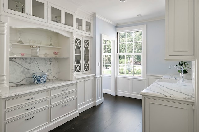 interior space featuring white cabinets, a wealth of natural light, and dark wood-type flooring