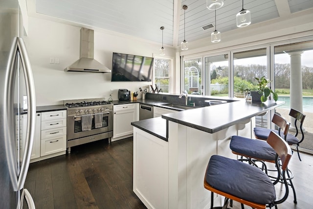 kitchen with pendant lighting, dark wood-type flooring, wall chimney range hood, sink, and appliances with stainless steel finishes