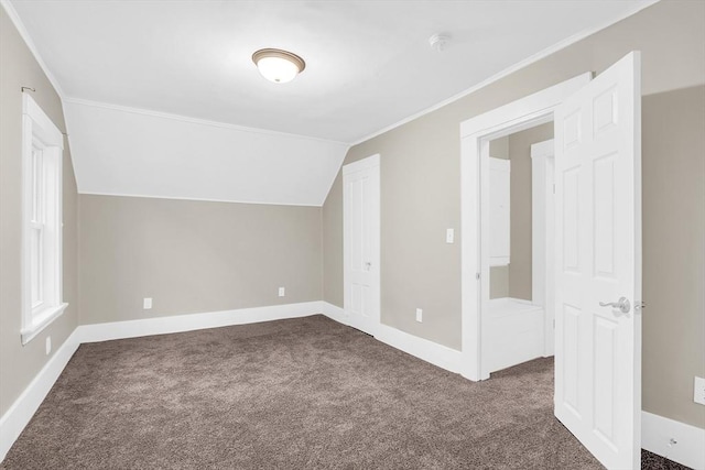 additional living space featuring dark colored carpet and vaulted ceiling