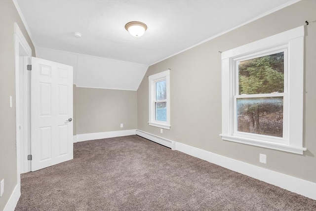 additional living space with carpet flooring, a baseboard radiator, and lofted ceiling