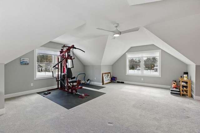 workout room with carpet flooring, ceiling fan, and baseboards