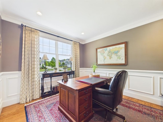 20 Davenport Ln Unit 20, Hopkinton, MA 01748 - office area with wood finished floors, a wainscoted wall, crown molding, and a decorative wall