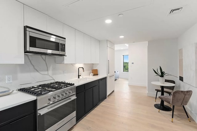 kitchen featuring white cabinets, appliances with stainless steel finishes, backsplash, and light hardwood / wood-style flooring