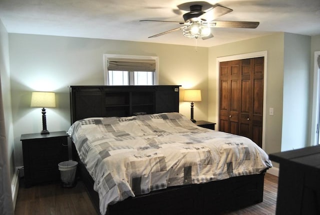 bedroom featuring a closet, ceiling fan, baseboards, and dark wood finished floors