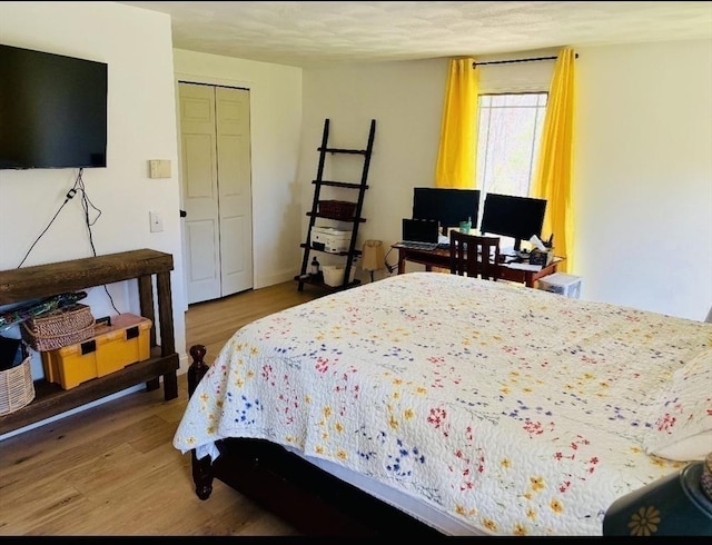 bedroom featuring wood finished floors and a closet