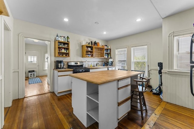 35 Ibbetson, Somerville, MA 02143 - kitchen with open shelves, stainless steel range with gas stovetop, white cabinetry, a kitchen island, and a wainscoted wall