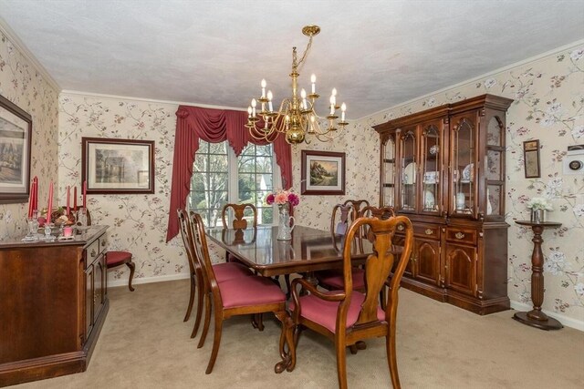 dining space with ornamental molding, a notable chandelier, light carpet, and wallpapered walls